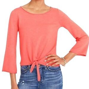 J. Crew Sweater Top Cotton Bell‎ Sleeves Boatneck Coral Pink Orange Tie Front S